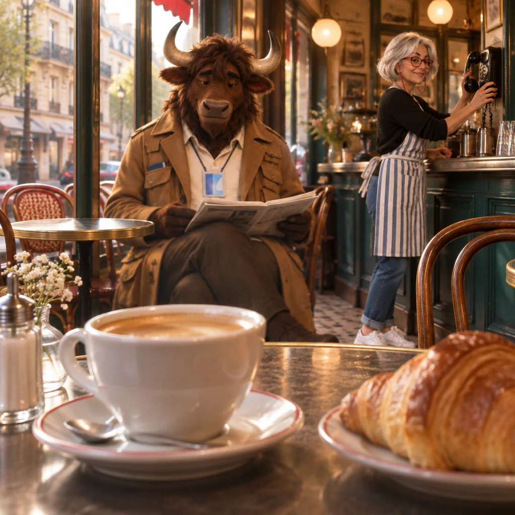 A table detail of a full café crème and a croissant, with Gaspard on a pair of chairs and Odile at the counter soft in the background after hanging up.