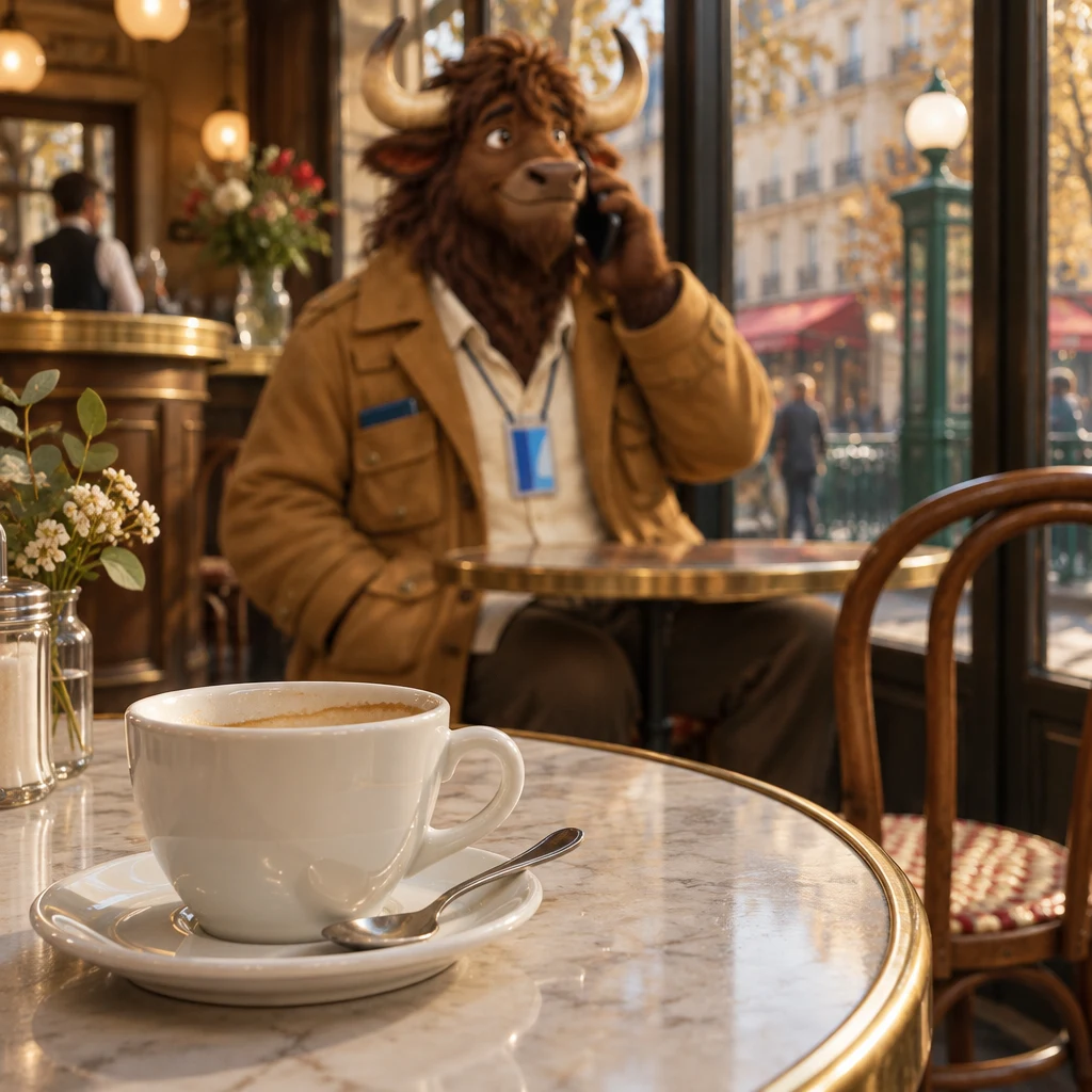 An unfinished café crème on a marble table, with Gaspard soft in the background holding a phone to his ear.