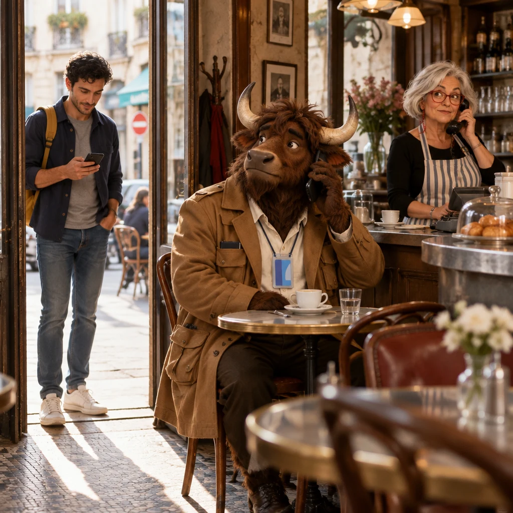 Sam stepping into the café looking at his phone, Gaspard calling from the next table, and Odile lifting the café receiver.