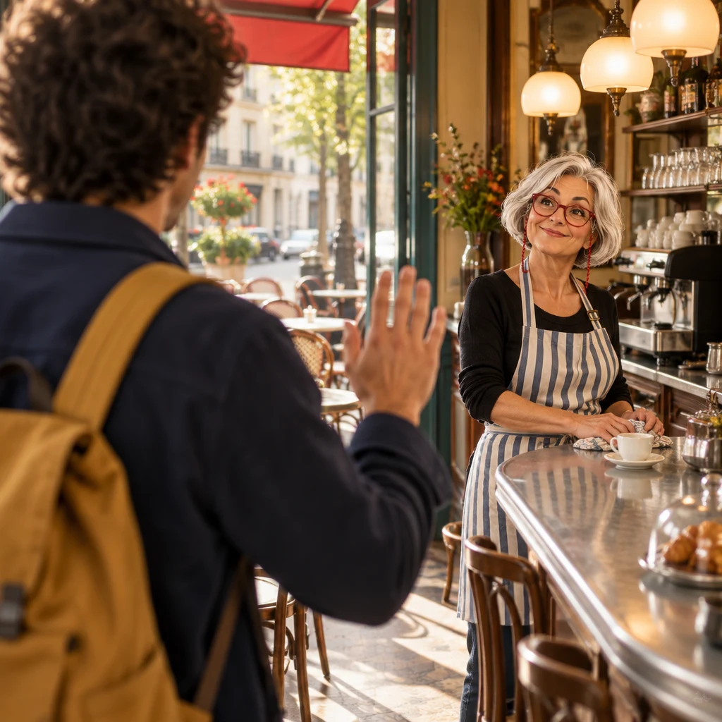 Over-the-shoulder view of Sam just inside the café, lifting a hand in greeting toward Odile at the counter.