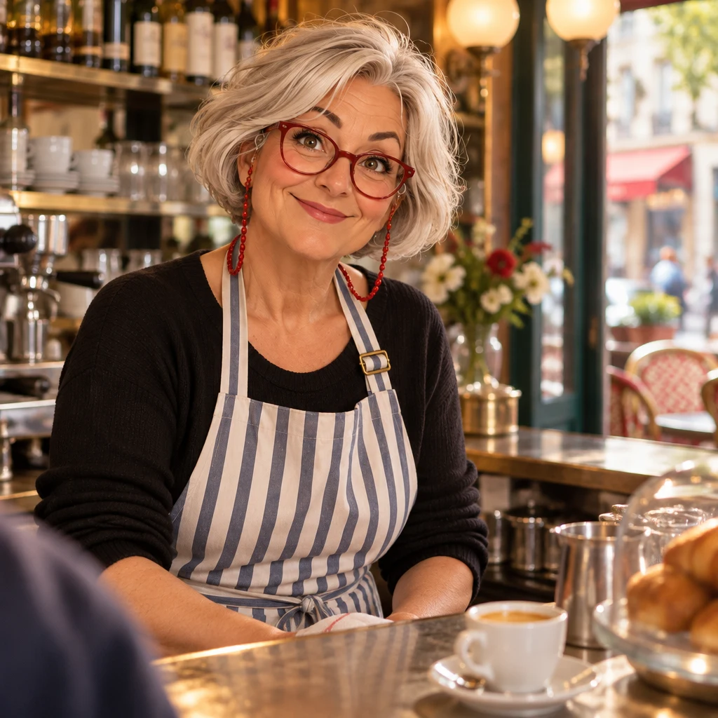 Close-up of Odile behind the café counter, looking up and returning the greeting with a small nod.