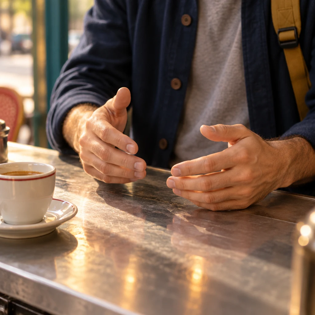 Close-up of Sam’s hands hovering over the café counter, paused as if choosing how to greet.