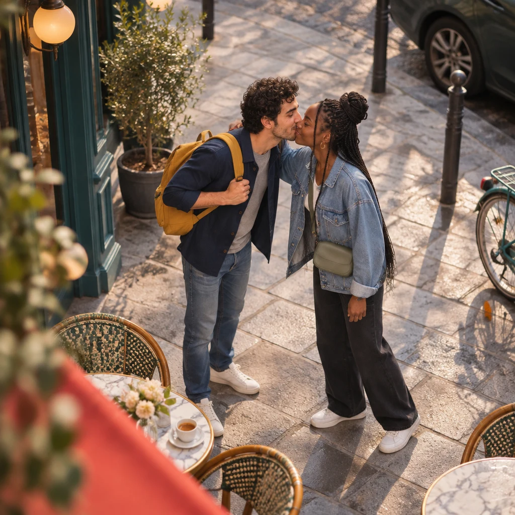 High-angle view of Sam on the café pavement leaning in for la bise as Inès waves and leans in too.