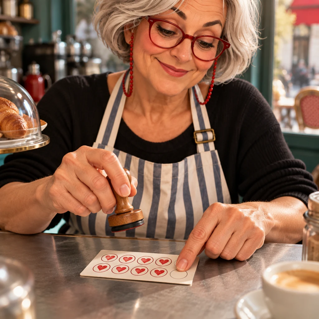 Odile's hands on a loyalty card, a finger on the last empty stamp circle.