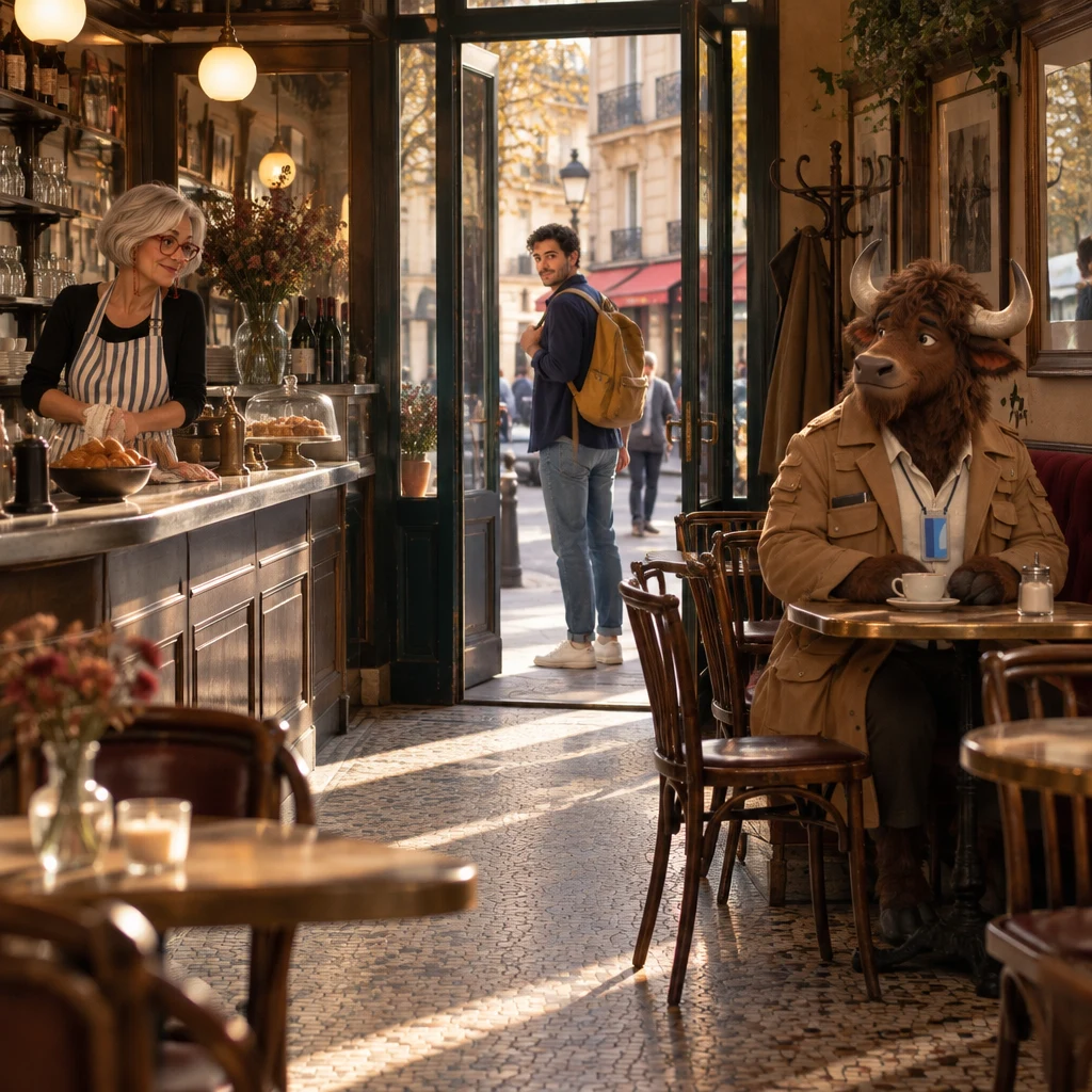 The café interior in lower afternoon light, with Sam paused in the doorway, Odile watching from the zinc, and Gaspard on two chairs beside an empty window table and a full cold coffee.