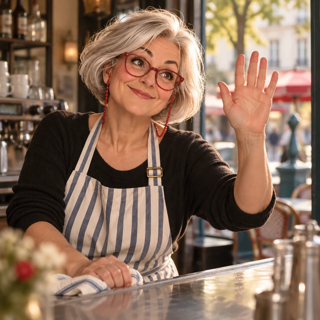 Odile looks up from the zinc and raises an open palm in a daytime farewell toward the door.