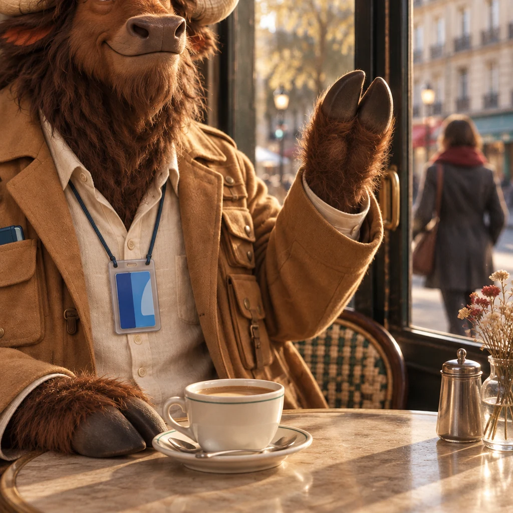 Gaspard stays seated on two chairs and lifts a hand in a slow late-day goodbye beside an untouched full coffee.