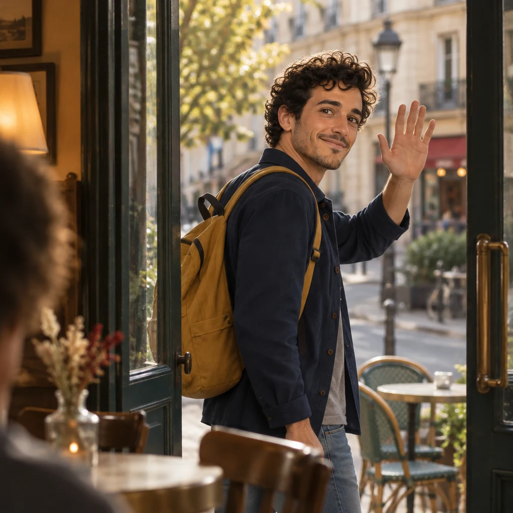Sam is halfway out the café door, mustard backpack on, looking back with a broad weekend wave.