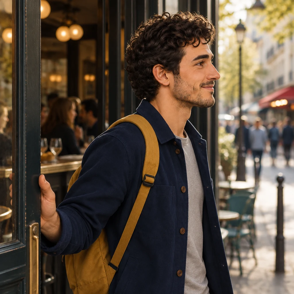 In profile at the door edge, Sam turns toward the street with a wrapping-up nod, mustard backpack on.
