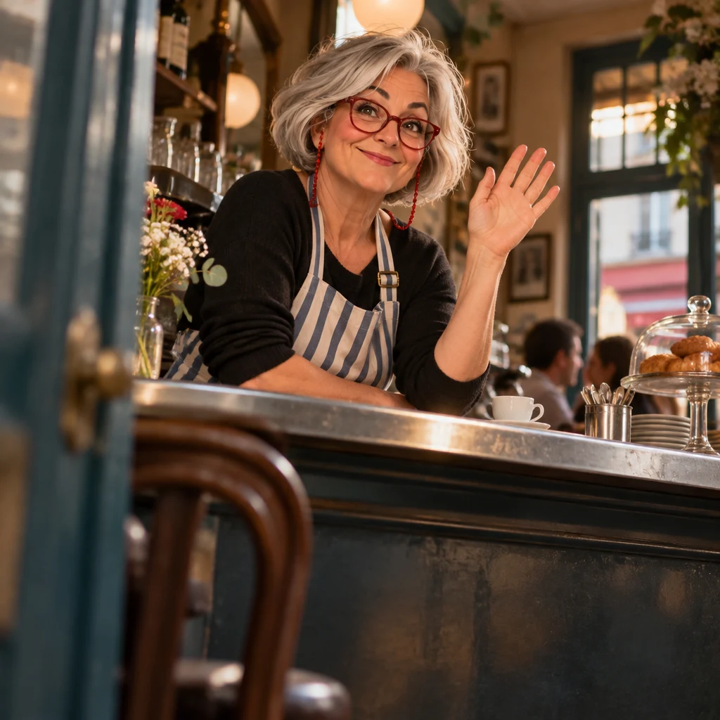From a low angle near the door, Odile leans on the zinc with head tilted and answers with a small reciprocal weekend wave.
