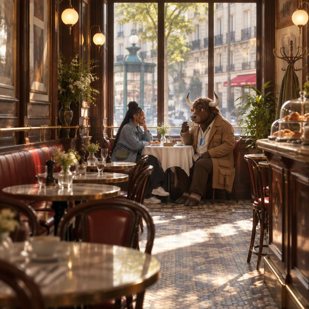 Inès waits at the café window table with a blank brass plaque while Gaspard chews at the next table, sitting across a pair of chairs.