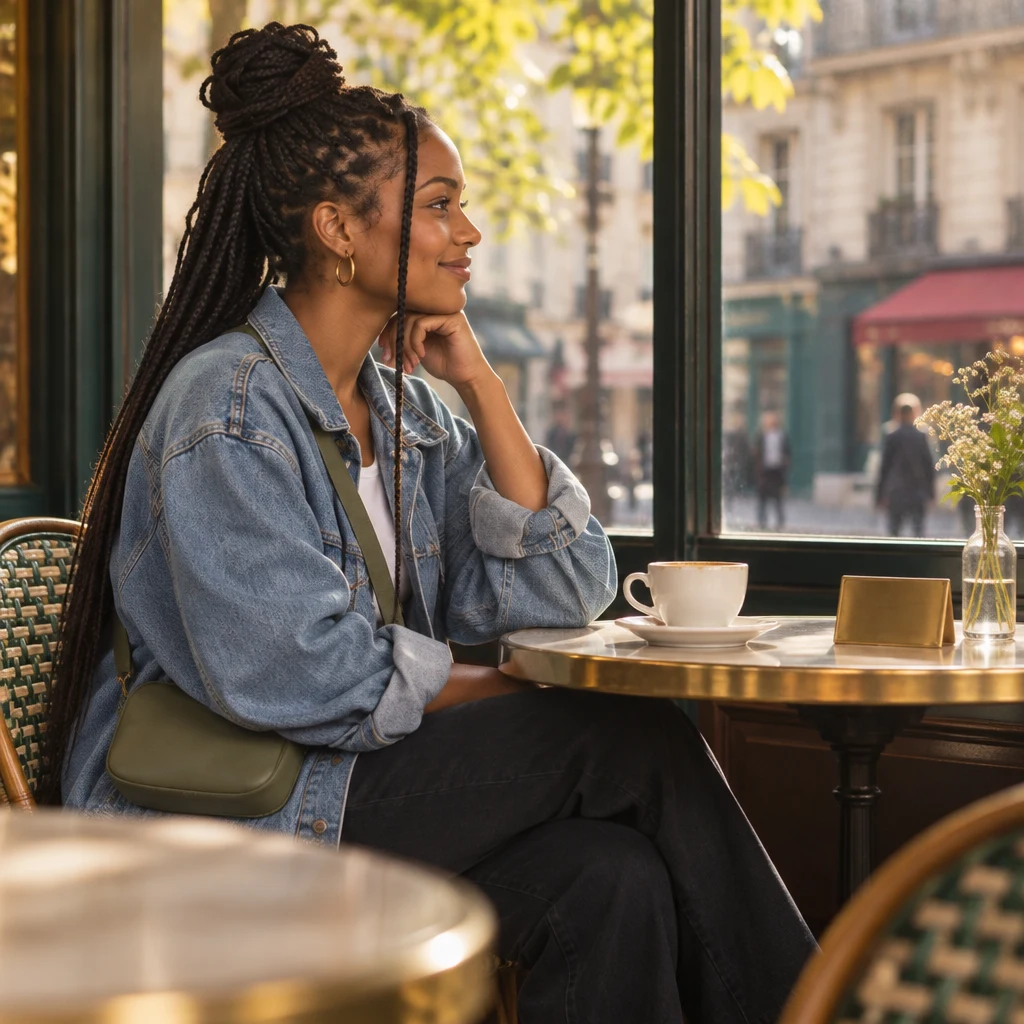 Inès sits already in place at the café window table, calm and waiting as if on time.