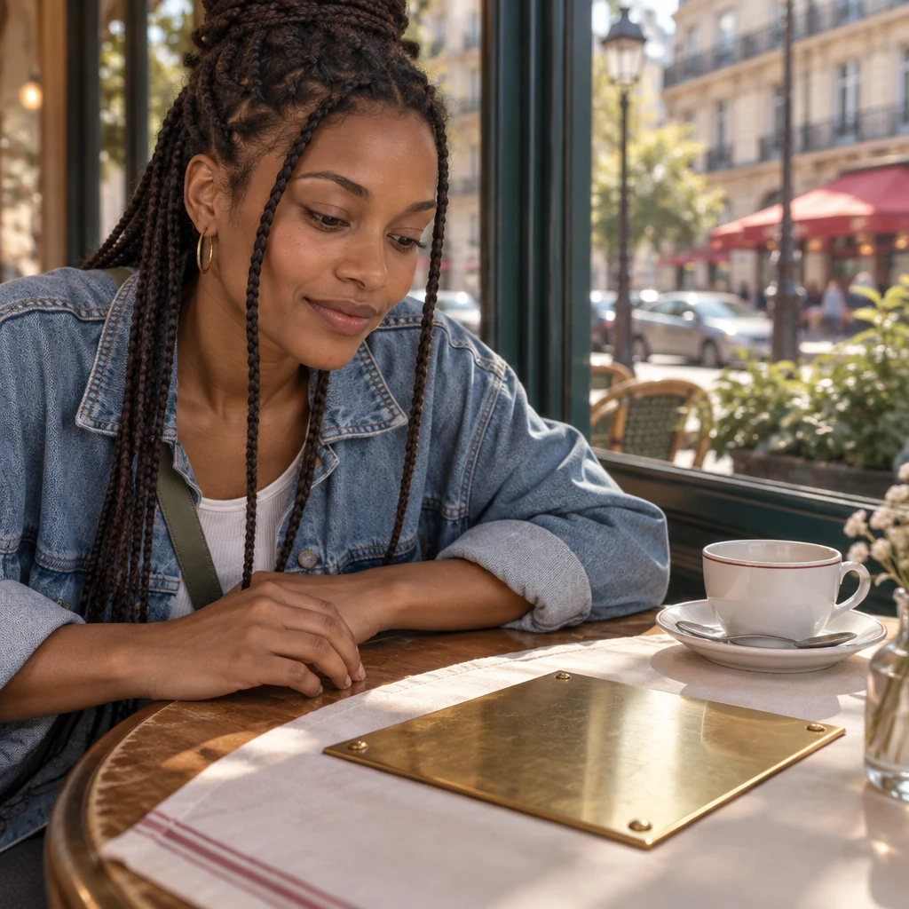 Inès leans in over a blank brass plaque, judging whether the plan might still work.