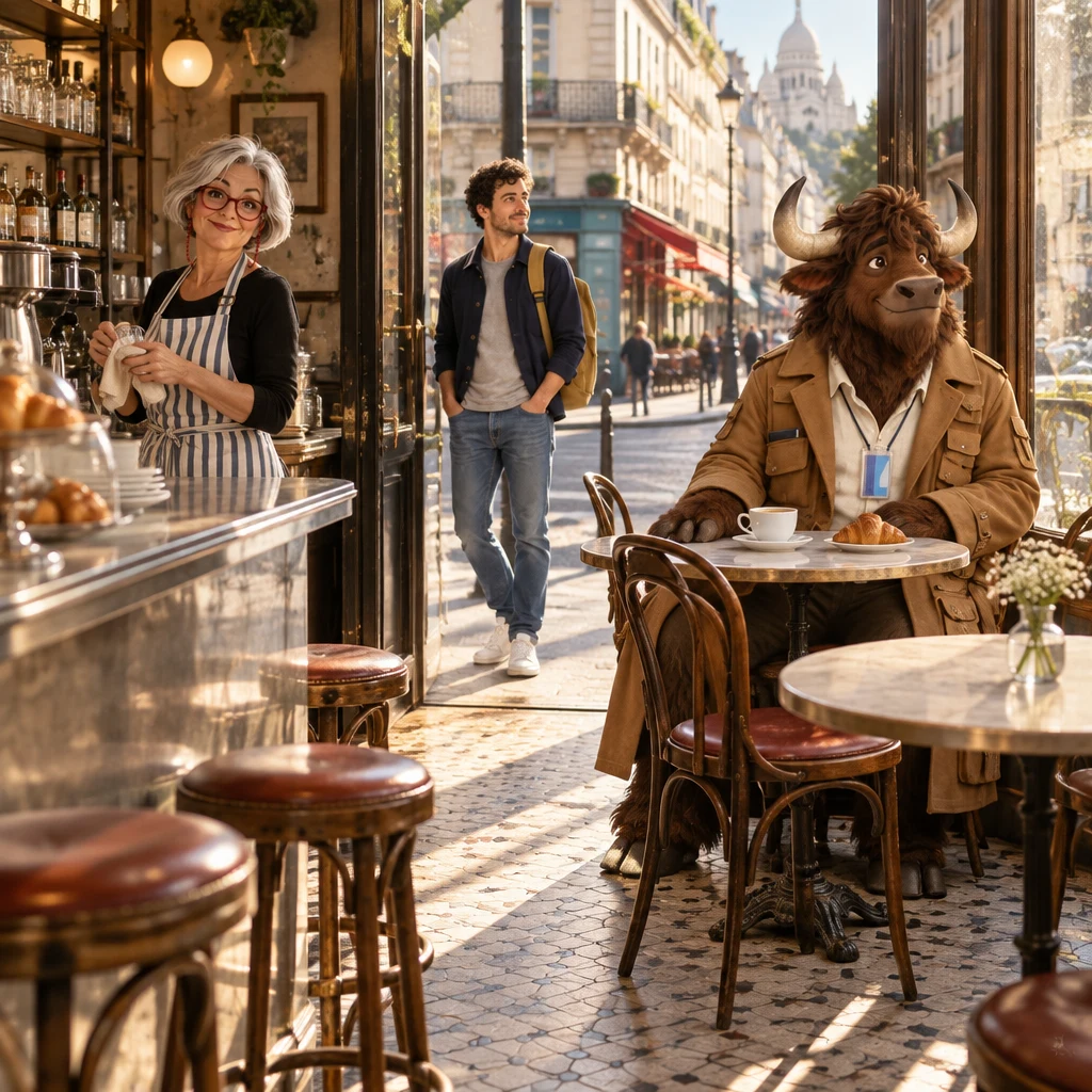Sam stands in the open café doorway looking down the street while Odile works at the zinc counter and Gaspard sits at the next table on two chairs with an untouched croissant and café crème.