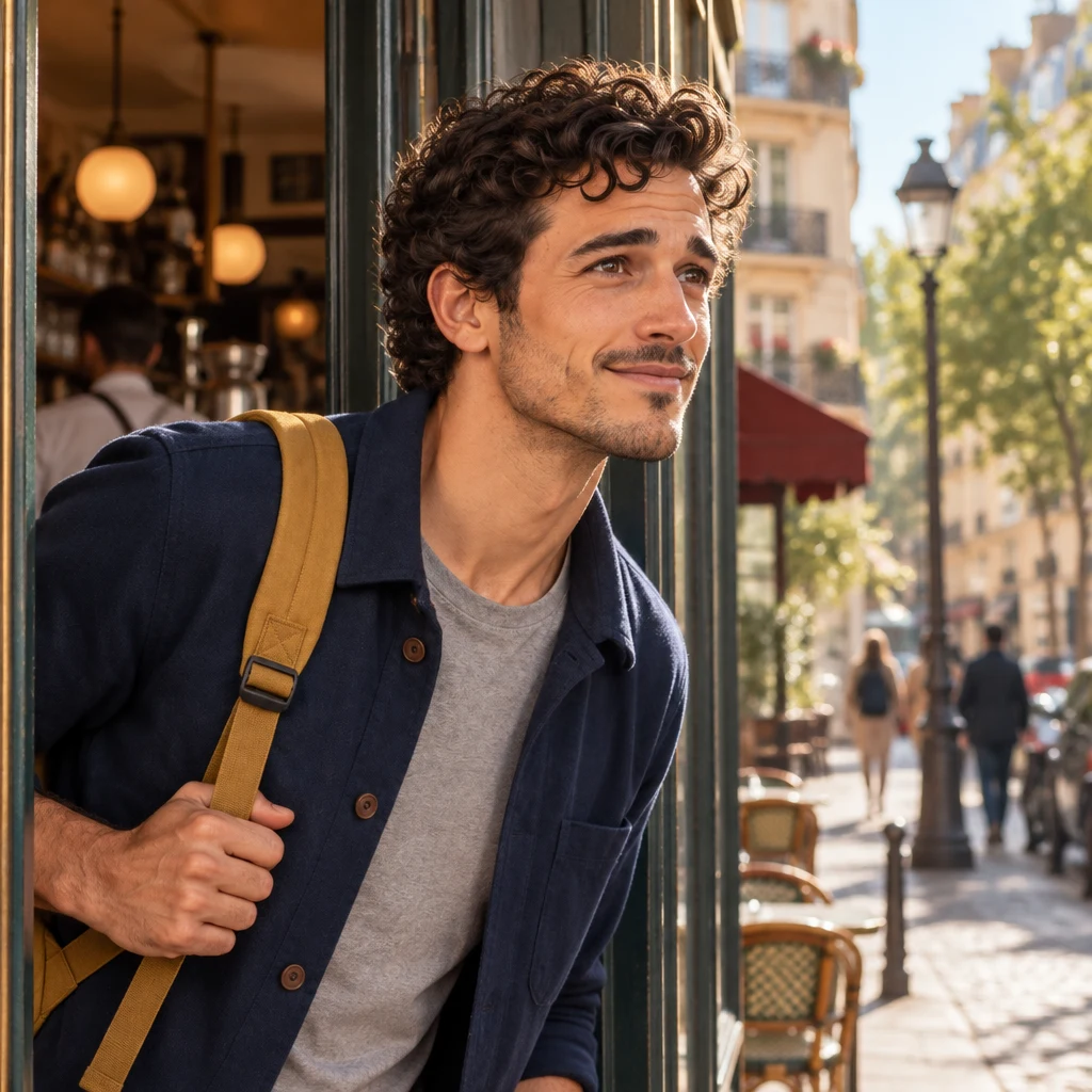 Sam pauses in the café doorway and looks down the street as if asking whether it is far.
