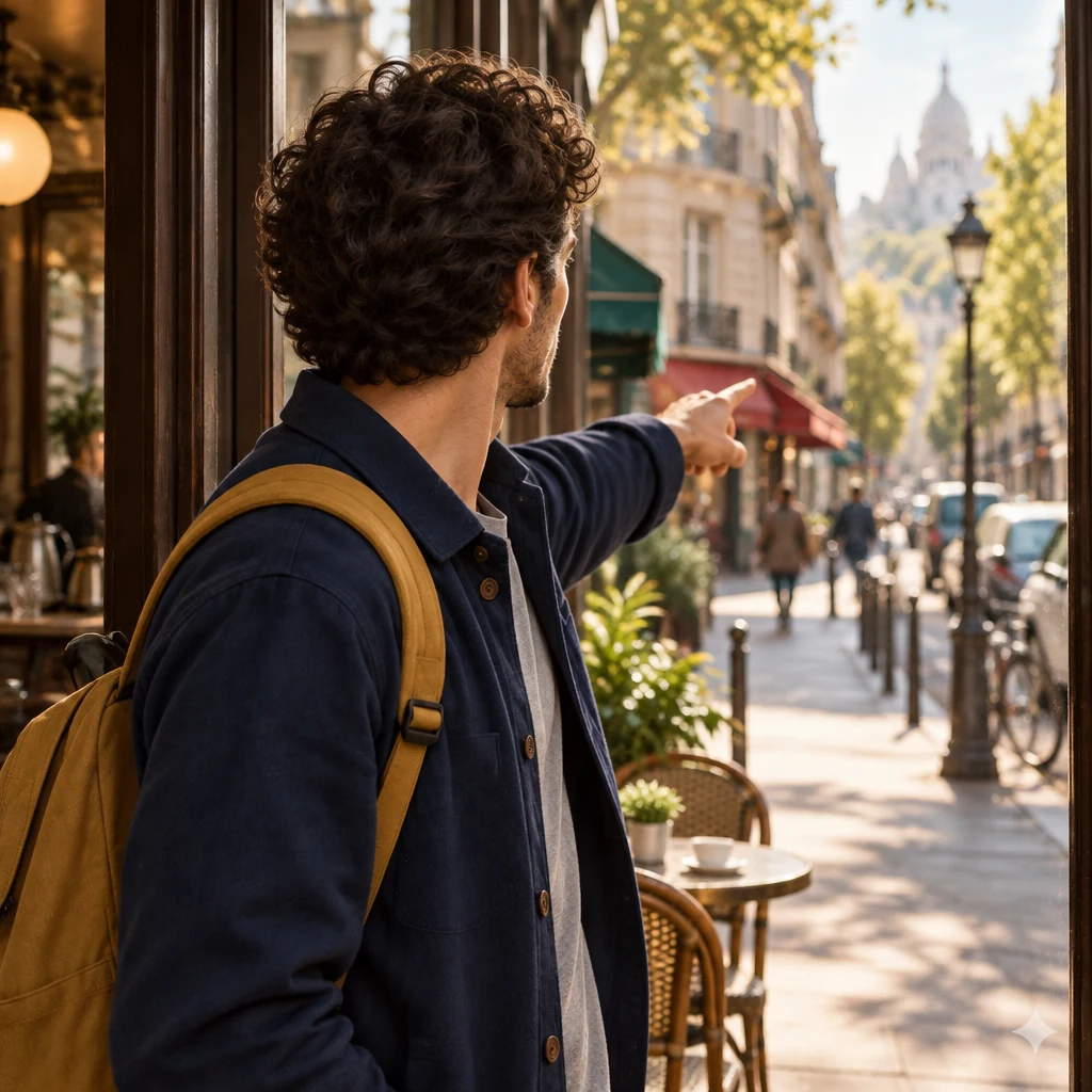 Sam points down the street from the café doorway, searching for the way.