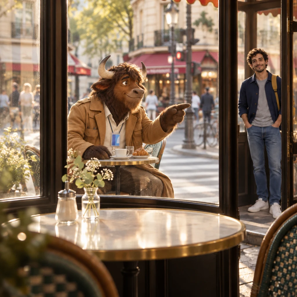 The empty window table sits unused in front while Gaspard points past it straight across the street.