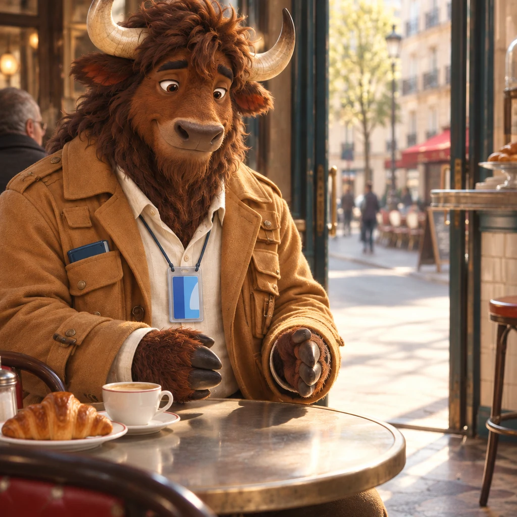 Gaspard's hands mark a short walking distance toward the door beside the untouched croissant and café crème.