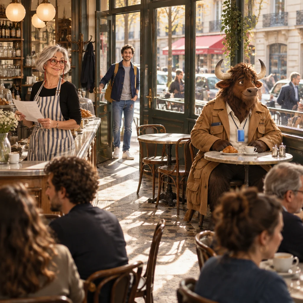 Sam pushes the door of the busy zinc café while Odile stands at the counter and Gaspard sits by the window.