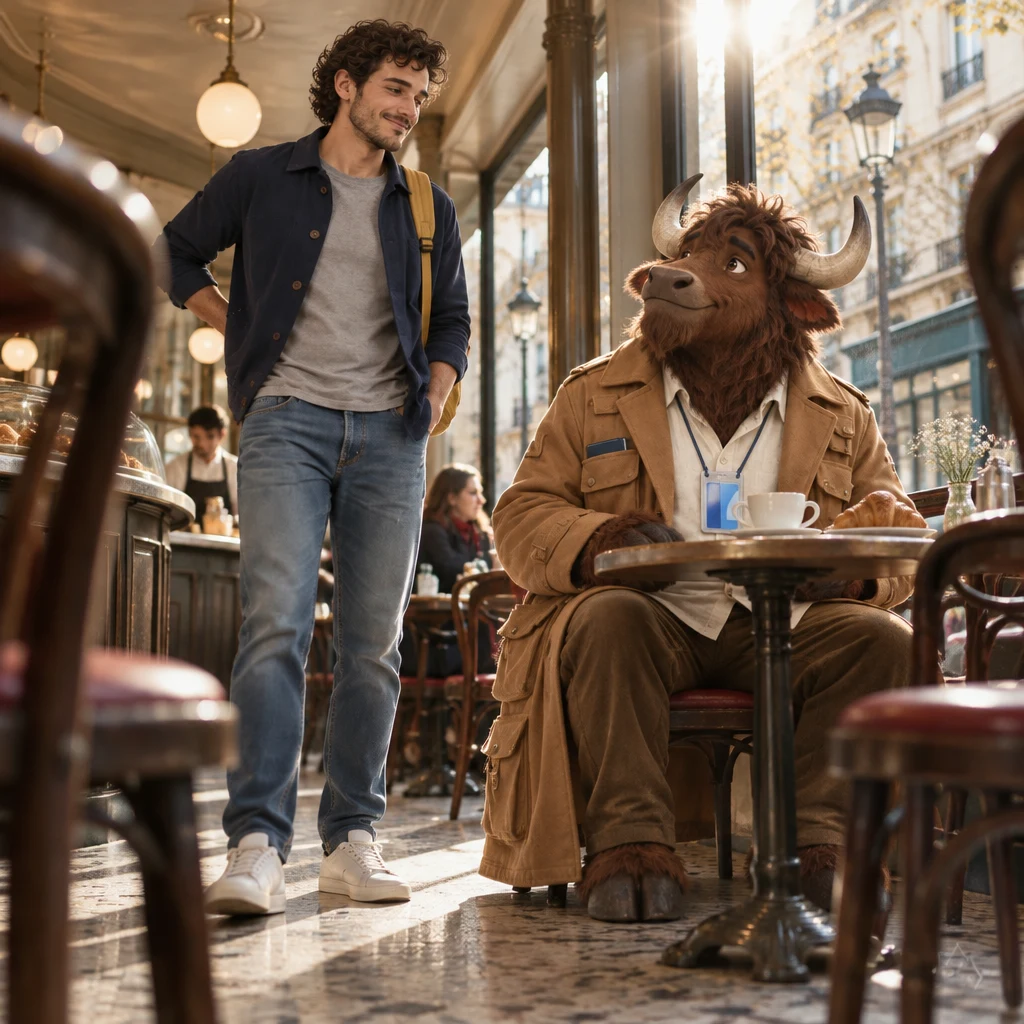 Sam stands with a hand at the small of his back while Gaspard sits on two chairs at the neighboring table.