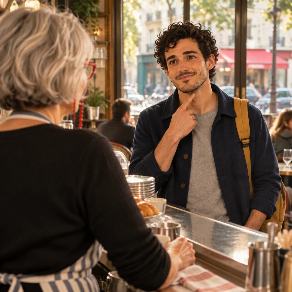From Odile's place at the counter, Sam points to his throat.