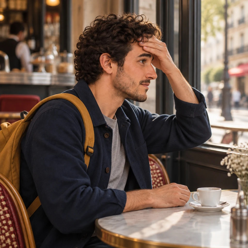 Sam sits at a café table with one palm flat against his forehead.