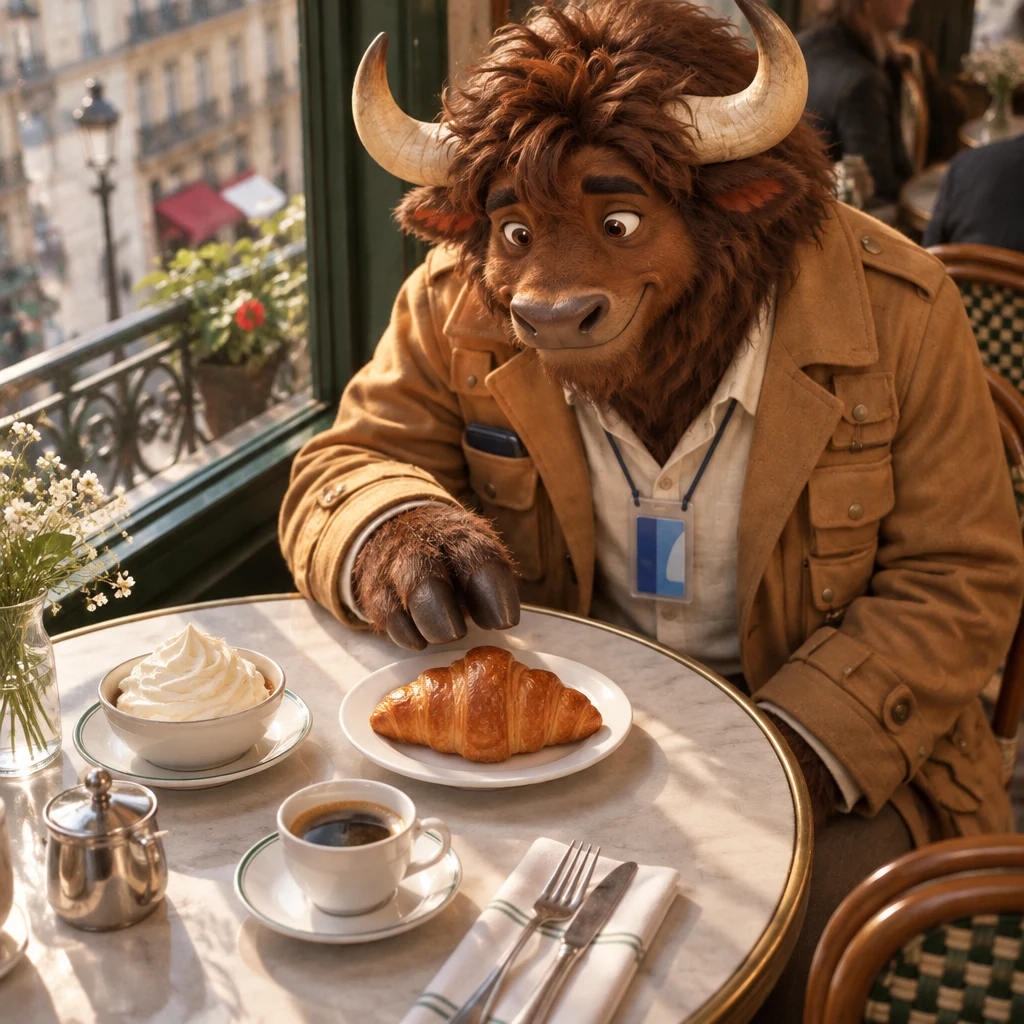 High-angle view of Gaspard leaning toward an uneaten croissant, hungry, sitting on two chairs by the café window.