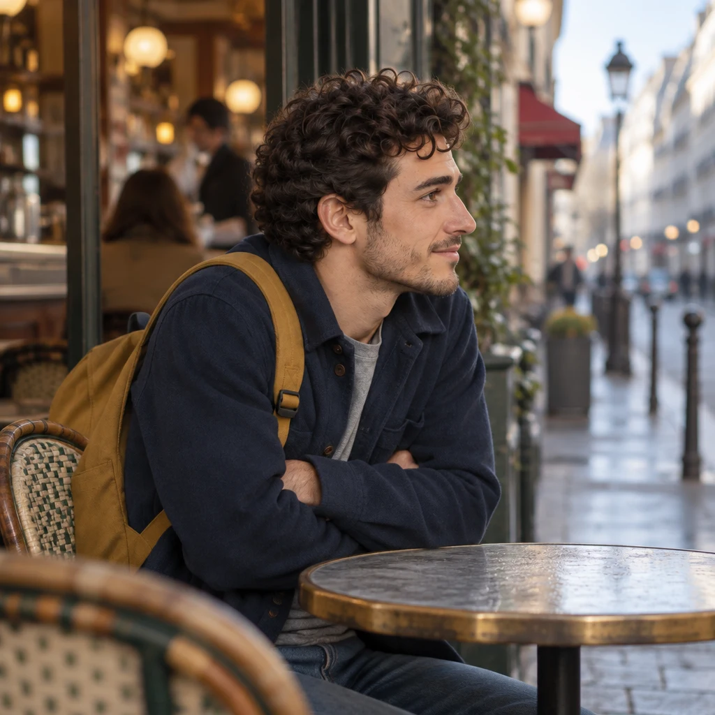 Profile of Sam hunched on the terrace with arms wrapped tight, cold in the morning air.