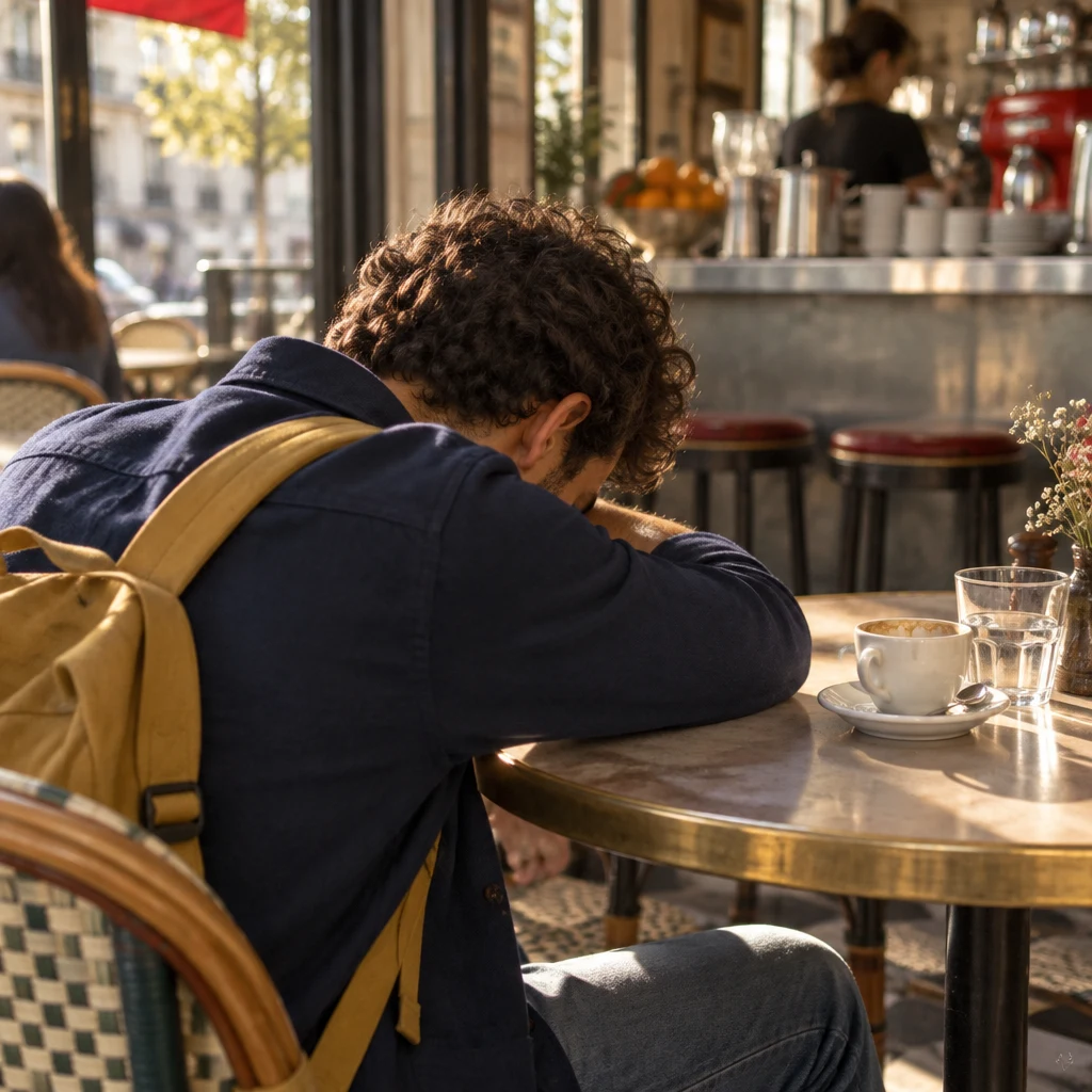 Over-the-shoulder view of Sam slumped on the terrace table, tired, head bowed on folded arms.