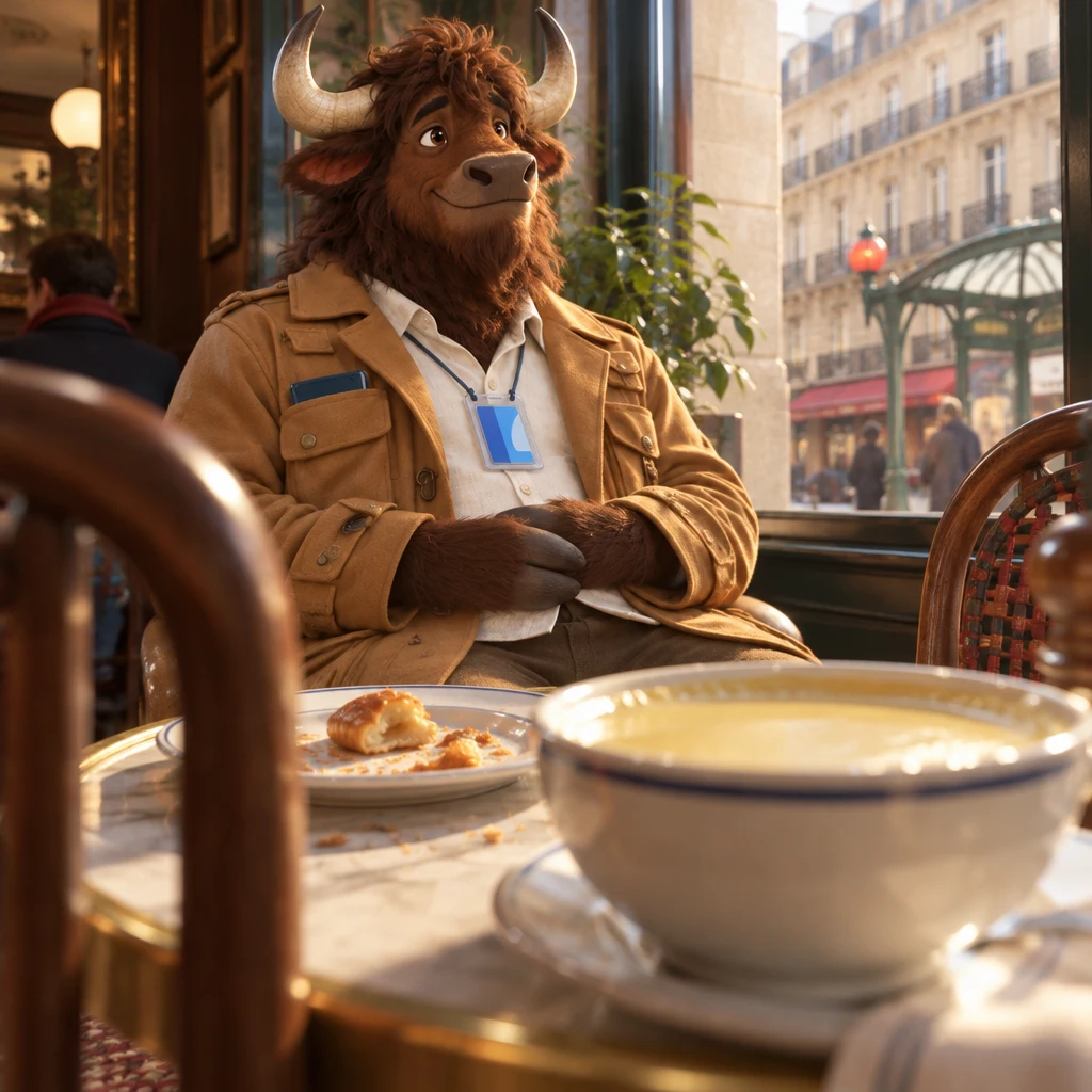 Low-angle view of Gaspard sitting back from a plate of croissant crumbs, full, still on two chairs with the crème untouched.