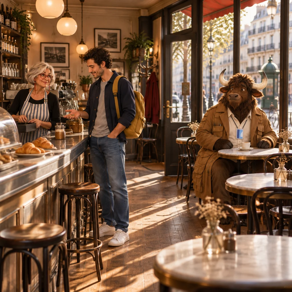 A wide morning view of the café with Sam at the zinc holding coins, Odile waiting by the till, and Gaspard on two chairs beside a still-full café crème.