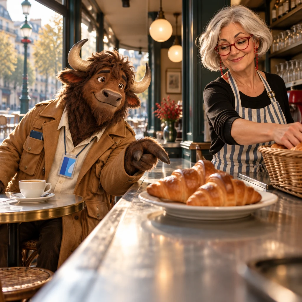 From a low angle along the zinc, Gaspard indicates two croissants on a plate while Odile reaches into the basket.