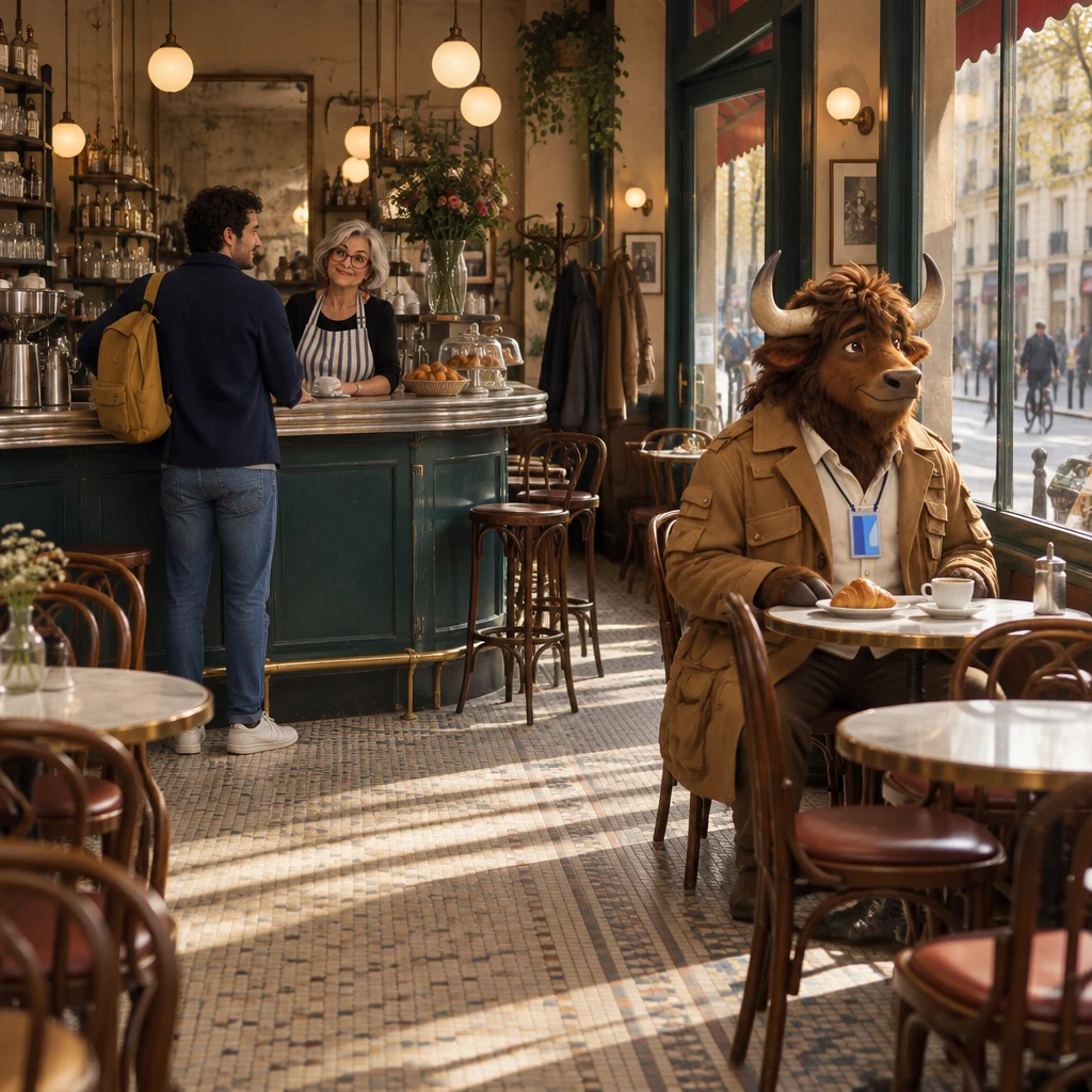 A wide morning view of the café with Sam at the zinc, Odile waiting behind it, and Gaspard at the table beside the empty window table.