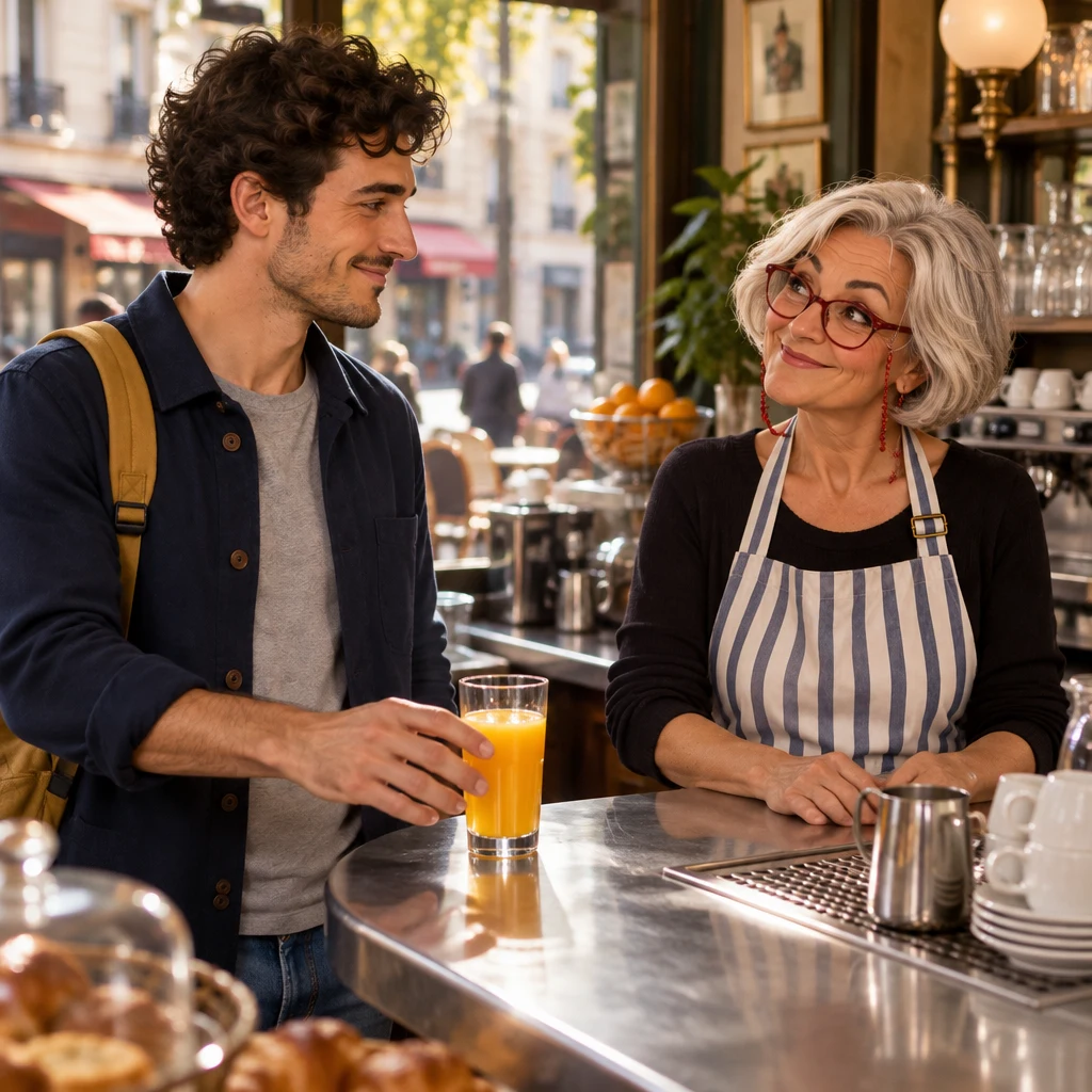 A medium two-shot of Sam at the zinc reaching toward a tall glass of orange juice while Odile waits behind the counter.