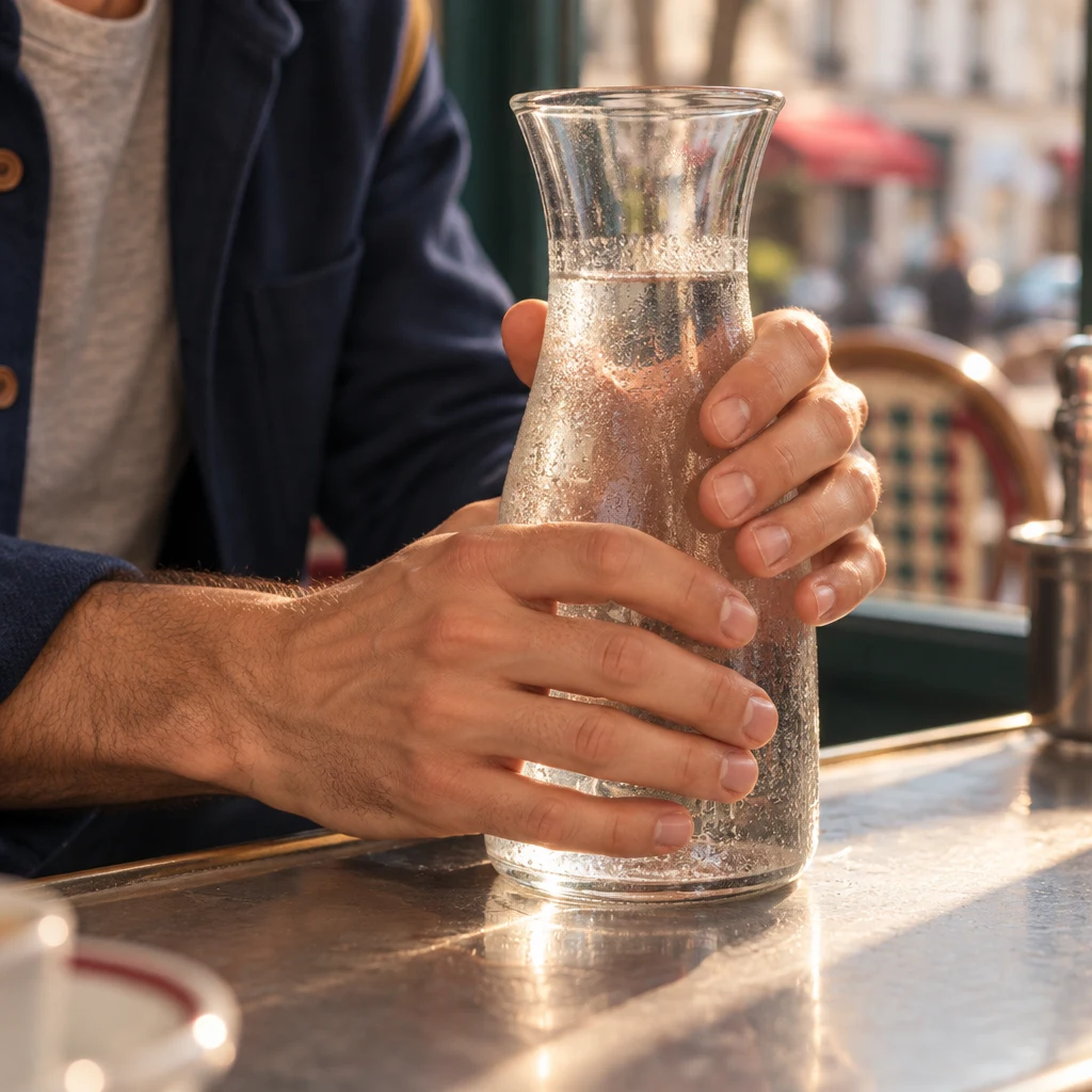 A close-up of Sam’s hands closed around a carafe of water on the zinc.