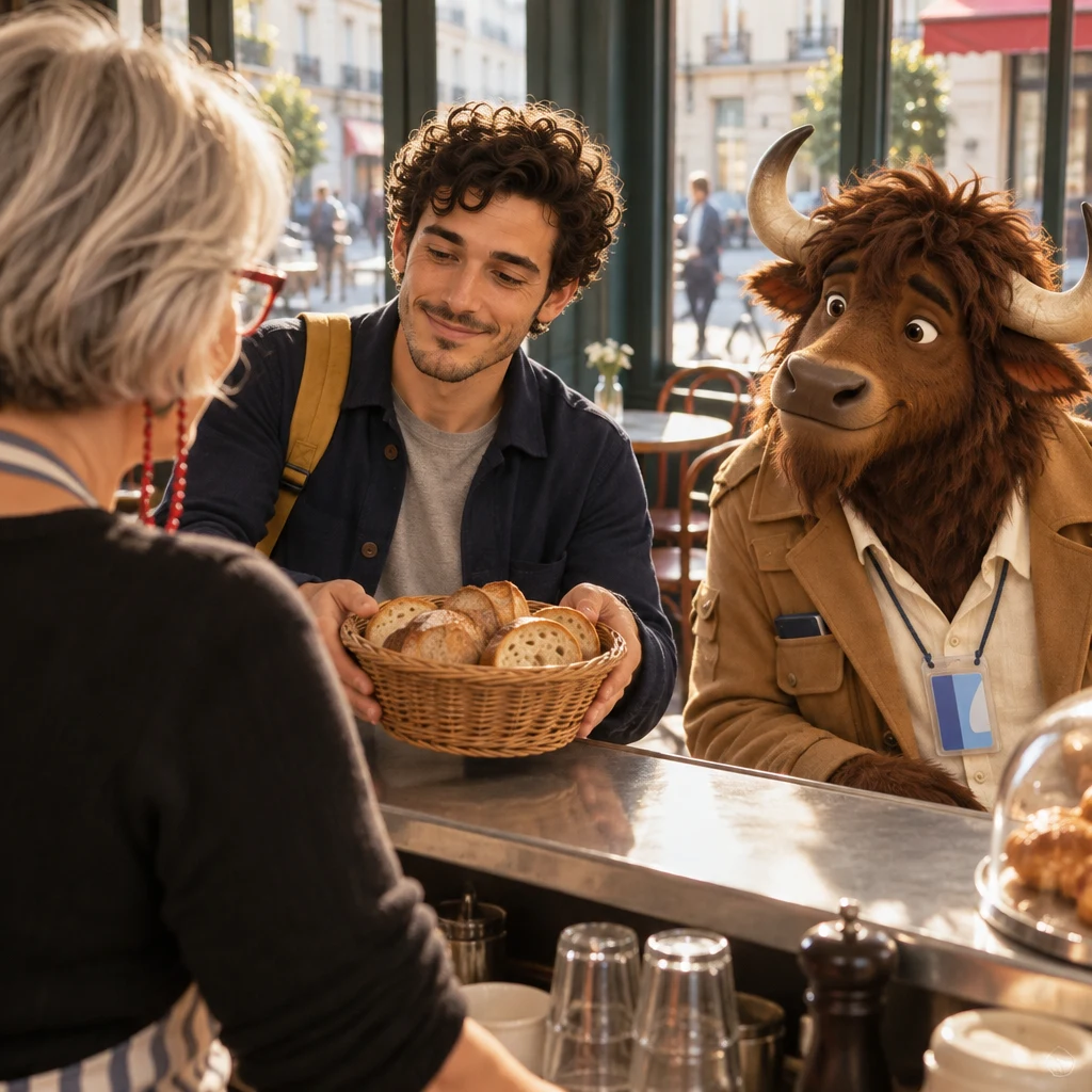 An over-the-shoulder view past Odile as Sam lifts a basket of sliced bread and Gaspard leans in from the next table.