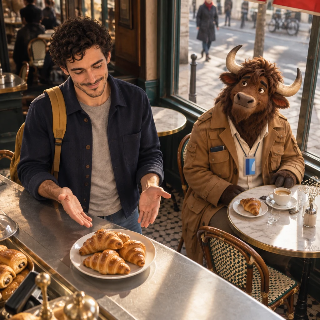 A high-angle view of Sam opening both hands toward a plate of croissants while Gaspard sits at the next table.