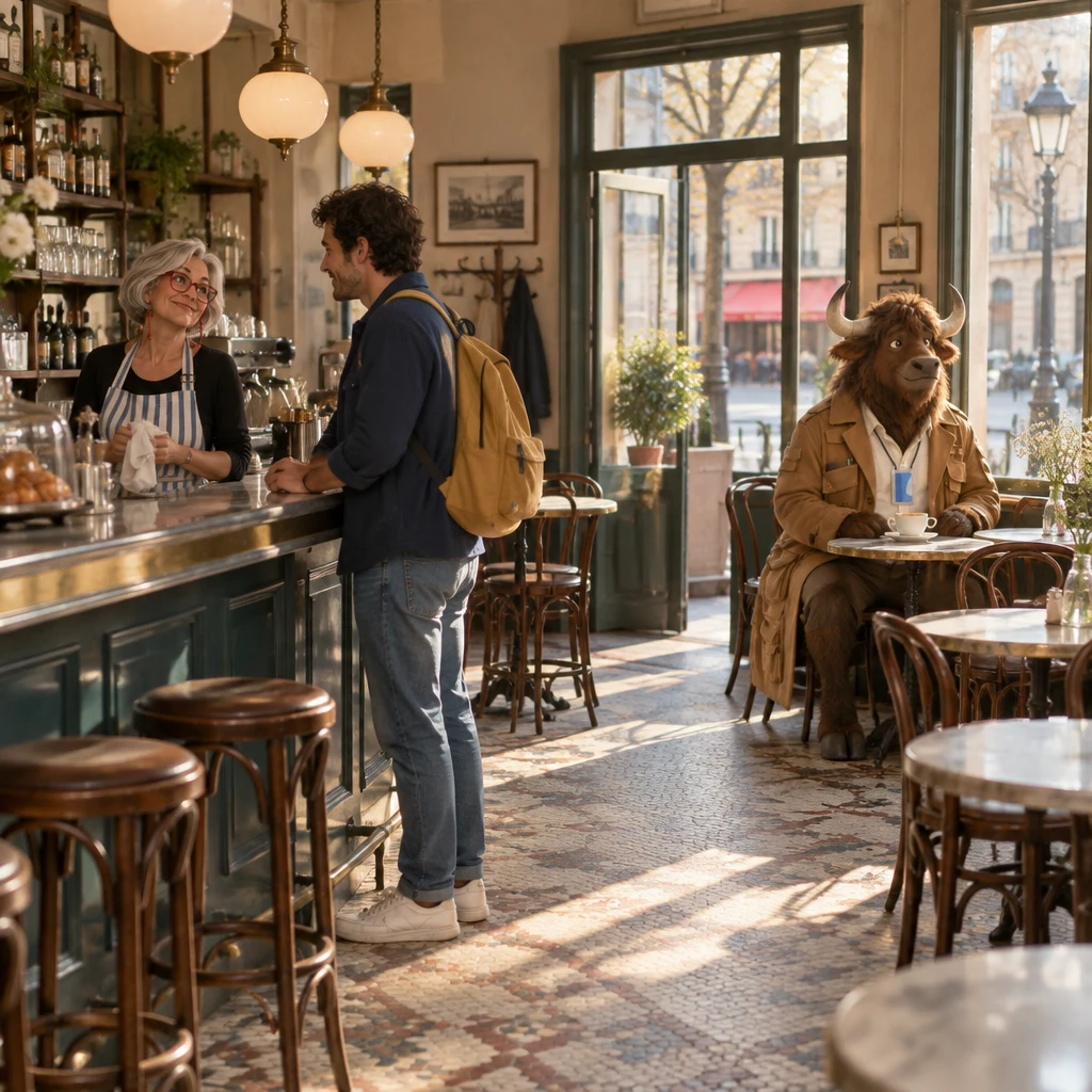 A wide midday café interior with Sam at the zinc counter, Odile holding a cloth, and Gaspard on two chairs beside an empty window table.