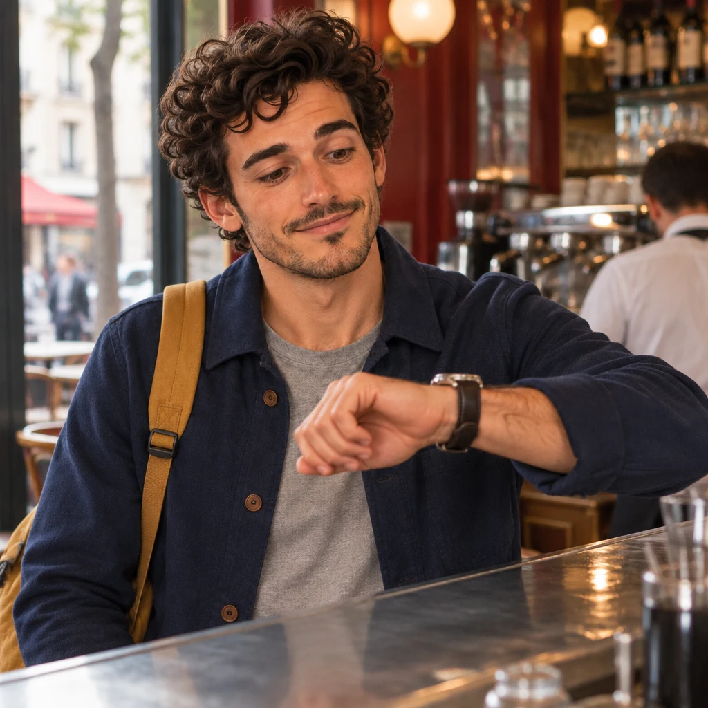 Sam stands at the zinc counter and looks from a blank wristwatch toward the bar.