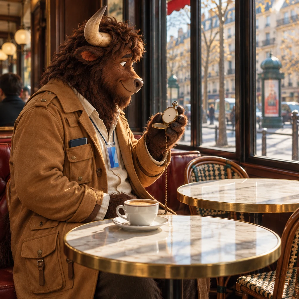 Gaspard sits in profile on two chairs by the window with an untouched café crème and studies a blank pocket watch.
