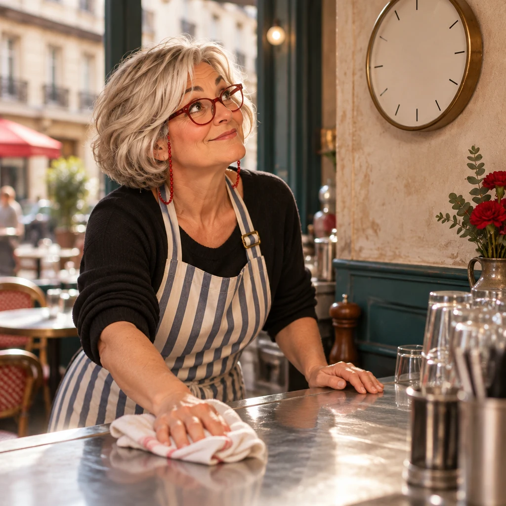 Odile's hands wipe the zinc with a cloth while Odile looks up at a blank wall clock.
