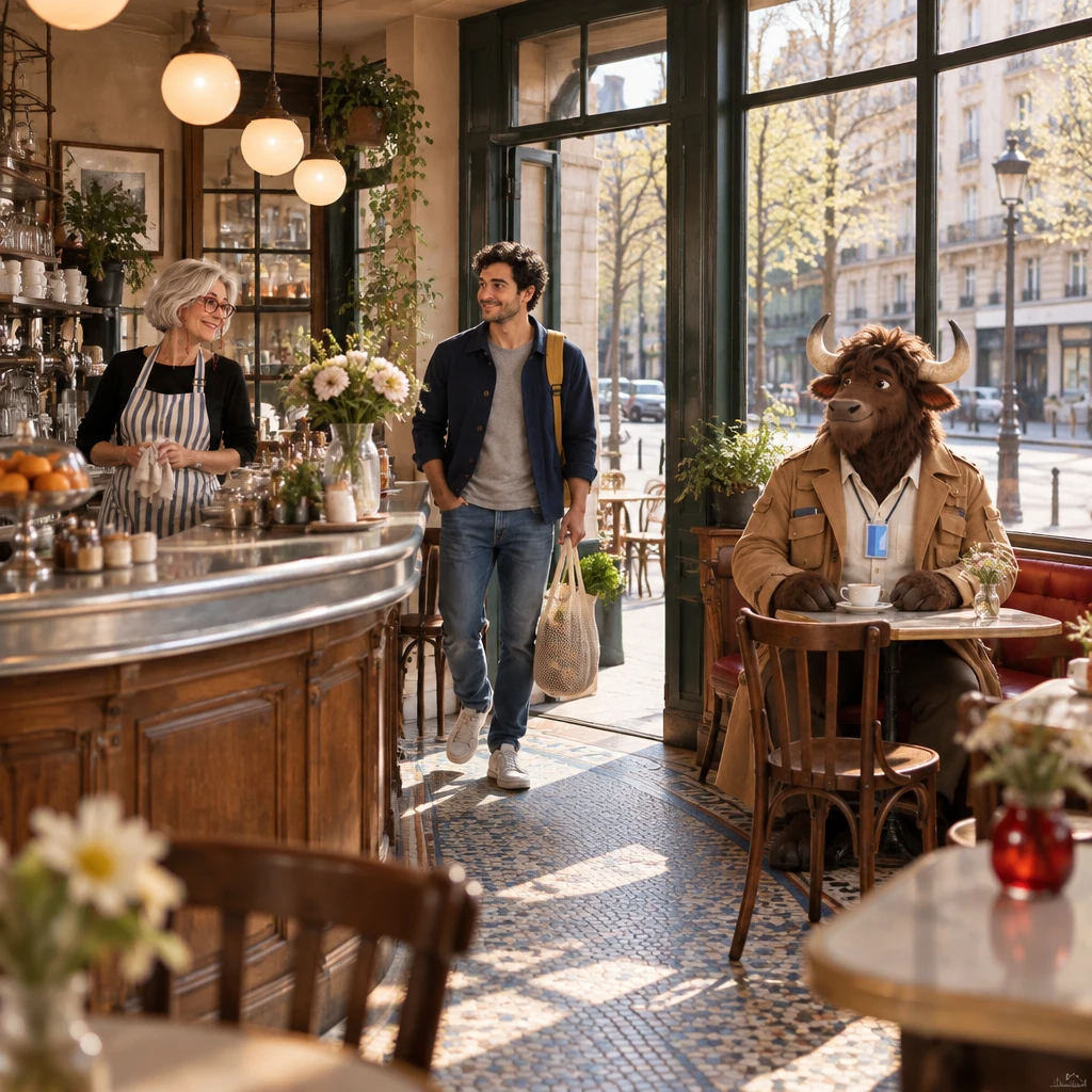 A wide morning view of Café des Tilleuls with Sam coming in, Odile at the zinc, and Gaspard at the table beside the empty window table.
