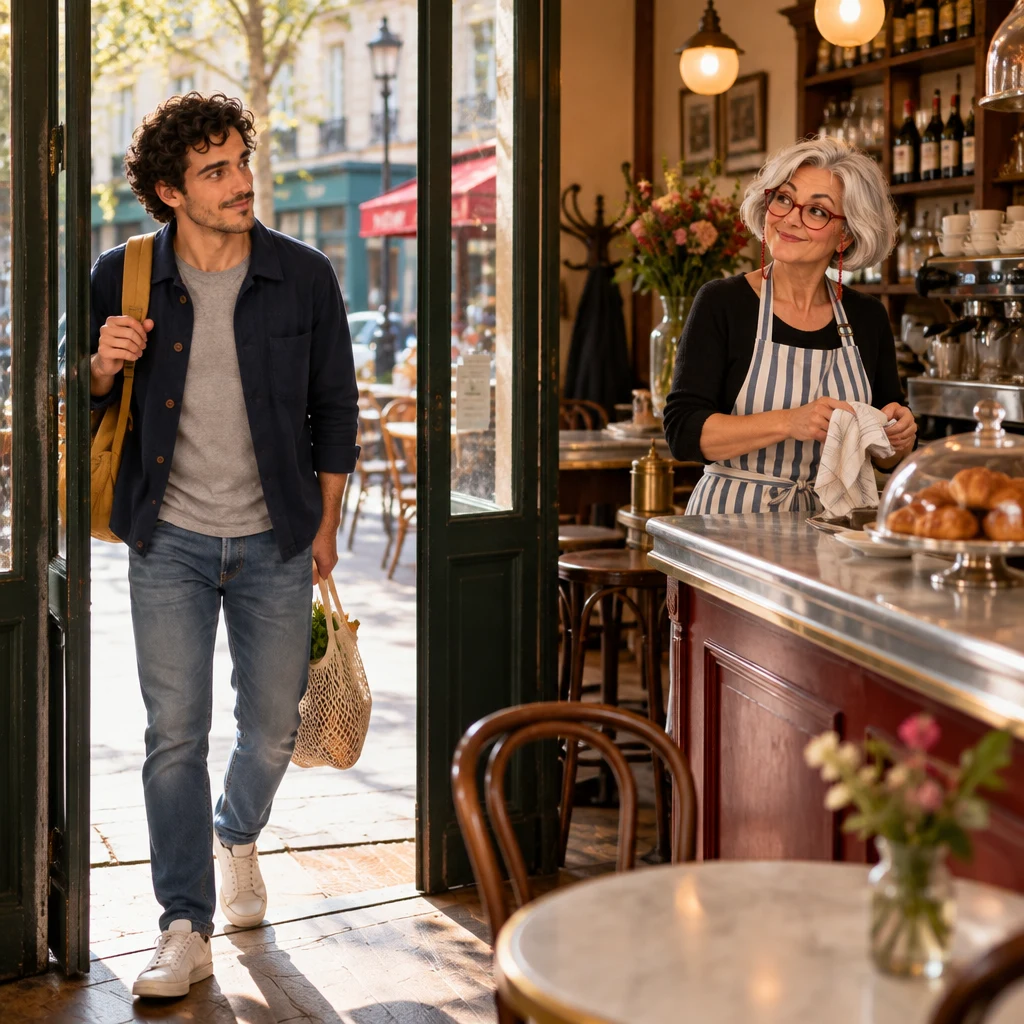 Sam stopping just inside the doorway with a market tote, turned toward Odile at the zinc.