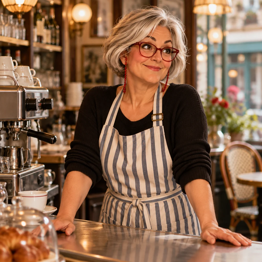 Odile behind the zinc with both palms on the counter, looking toward the door in calm certainty.