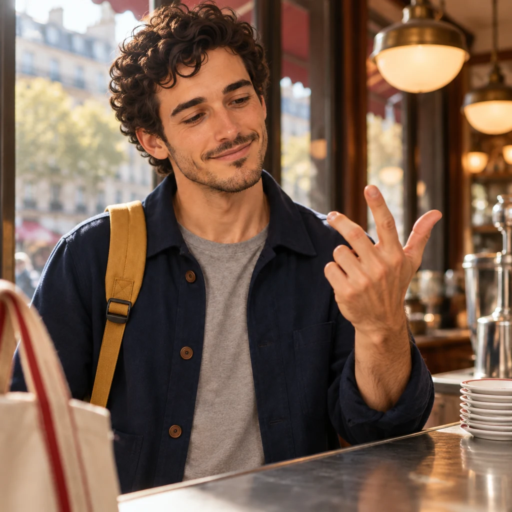 Sam’s raised hand counting forward on the fingers beside the zinc, a tote strap at the shoulder.