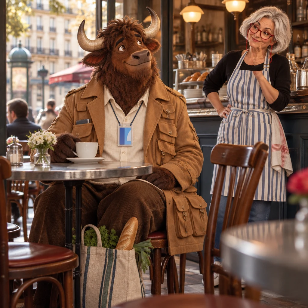 Low view of Gaspard at his table with an extra chair and an untouched café crème, Odile looking over from the zinc.