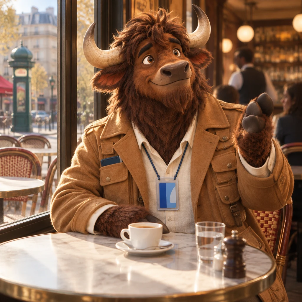 Gaspard on two chairs looking toward the bar with one hand lifted from the table.
