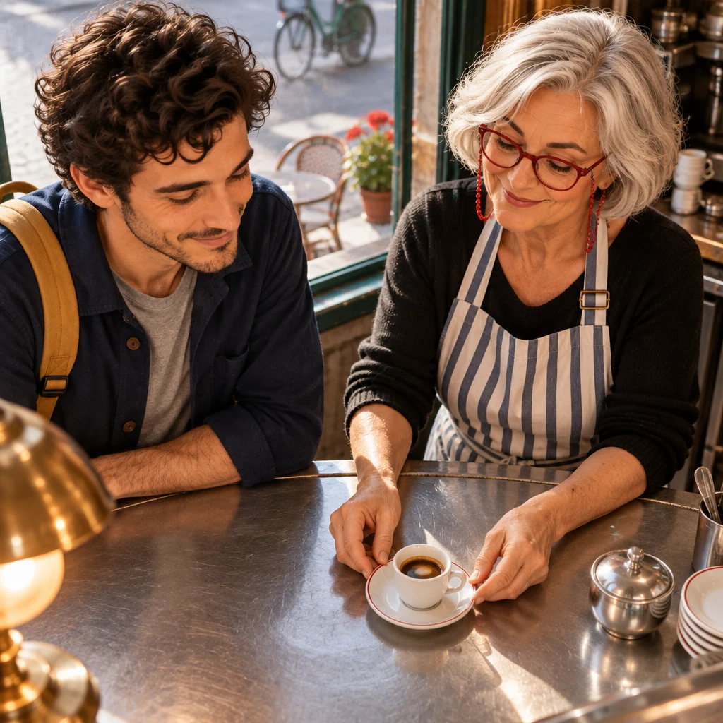 A tiny cup with a dash of milk on the zinc while Odile’s hands rest on the saucer and Sam looks down.