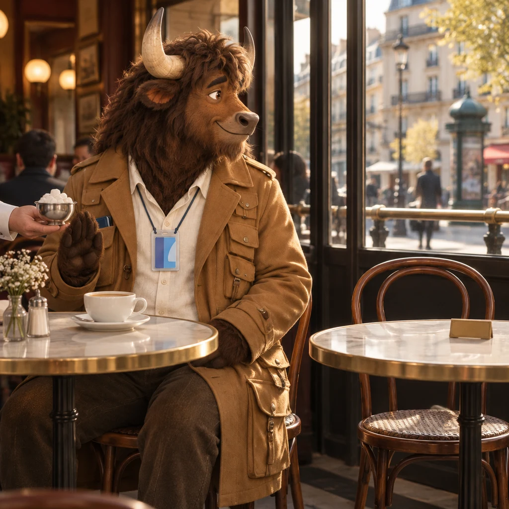 Gaspard at the table by the windows, palm turned out toward sugar, an untouched milky coffee in front, and a blank brass plaque on the empty table beside Gaspard.