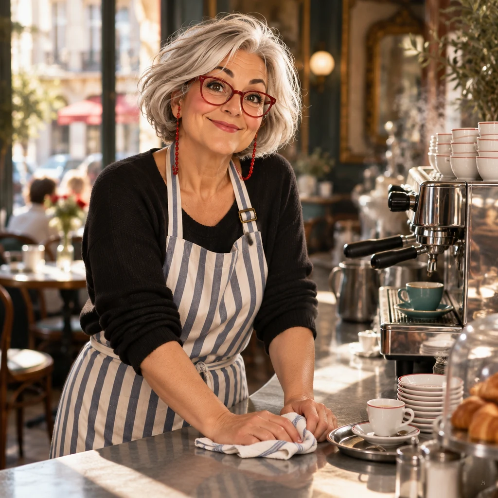 Odile looks up from the zinc counter in the morning light.